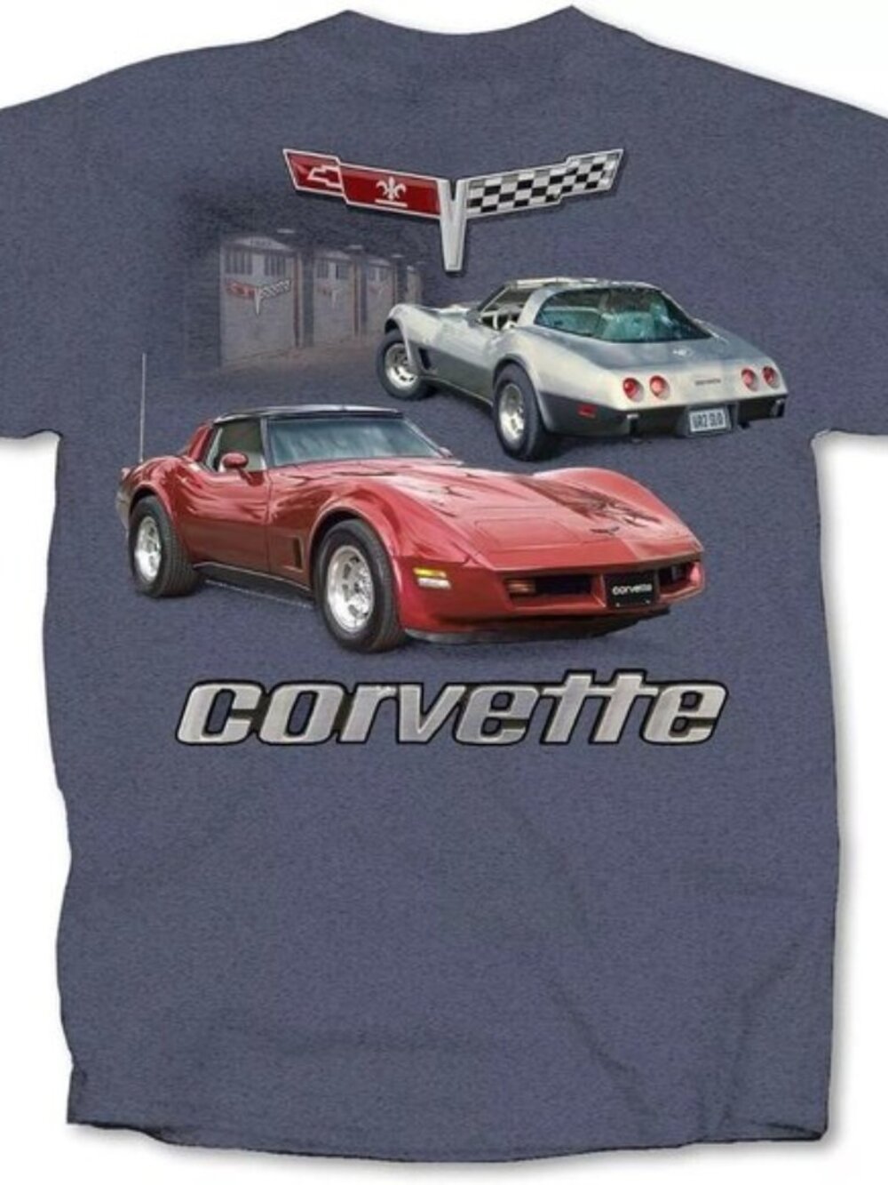 Joe Blow T's 2 Corvettes Garage Scene, Small, Heather Indigo Men's T-Shirt